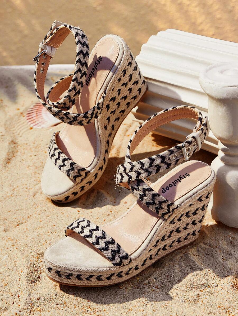 Styleloop Round Toe Jute Rope Woven Platform Thick Bottom Criss-Cross Tie Up Open Toe Roman Sandals For Women