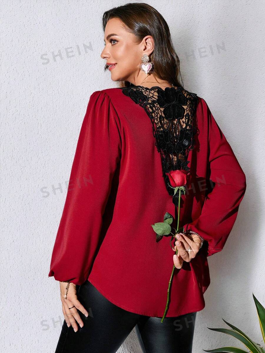 EMERY ROSE Camisas de manga larga para mujer talla grande para el Día de San Valentín, elegante camisa roja con costuras de encaje negro, ropa de primavera