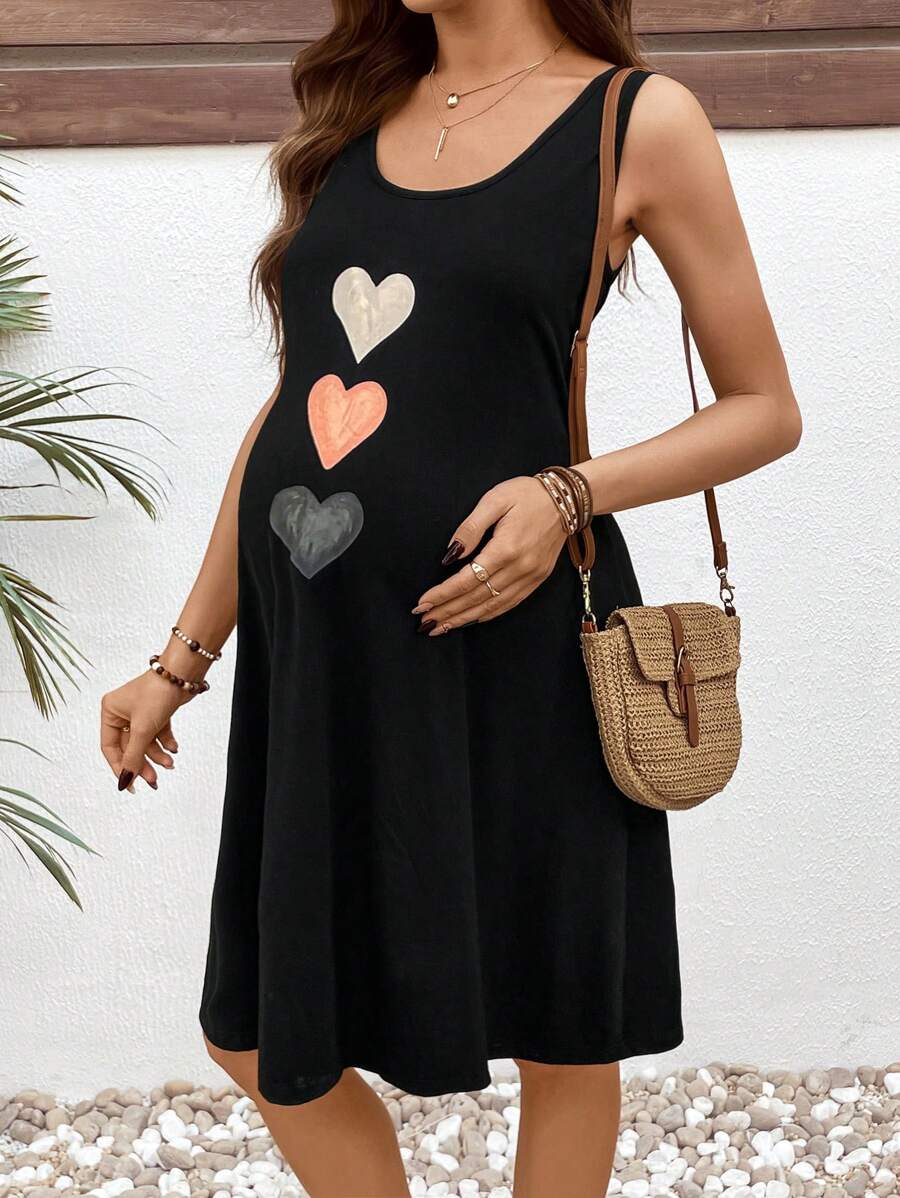 SHEIN Maternity 3pcs Heart Pattern Round Neck Casual Sleeveless Dress