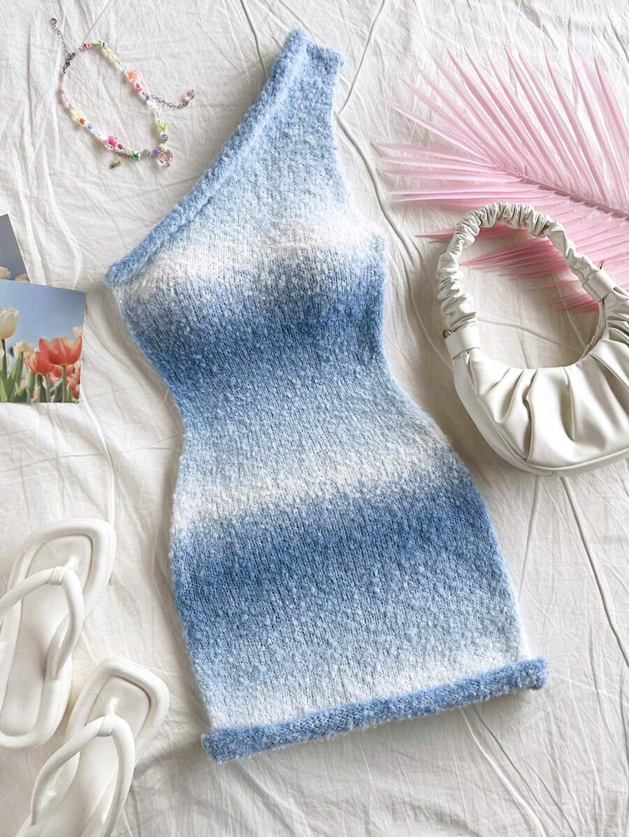 Soleia Vintage Backless One Shoulder Ruffle Knit Holiday Dress, Sexy, Suitable For Dates, Valentine's Day, Afternoon Tea