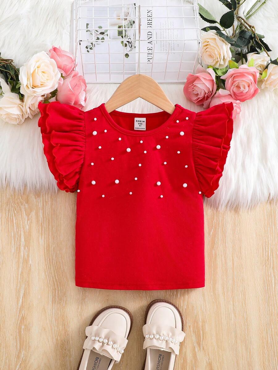 Top corta con cuello redondo, de unicolor y con apliques de cuentas para niñas jóvenes
