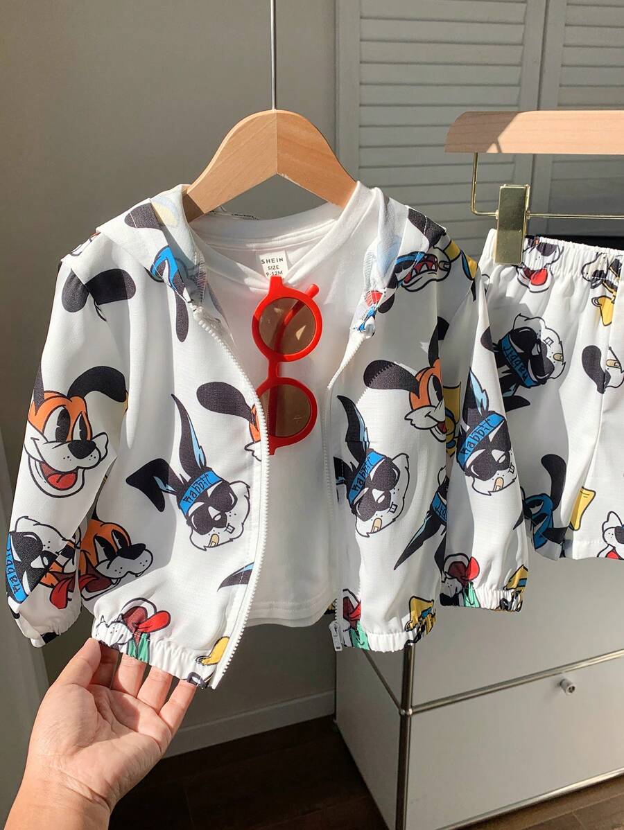 SHEIN 2 Pieces Set Baby Boy Cute Cartoon Pattern Hoodie Jacket And Shorts Casual Holiday Outfit, Spring & Summer