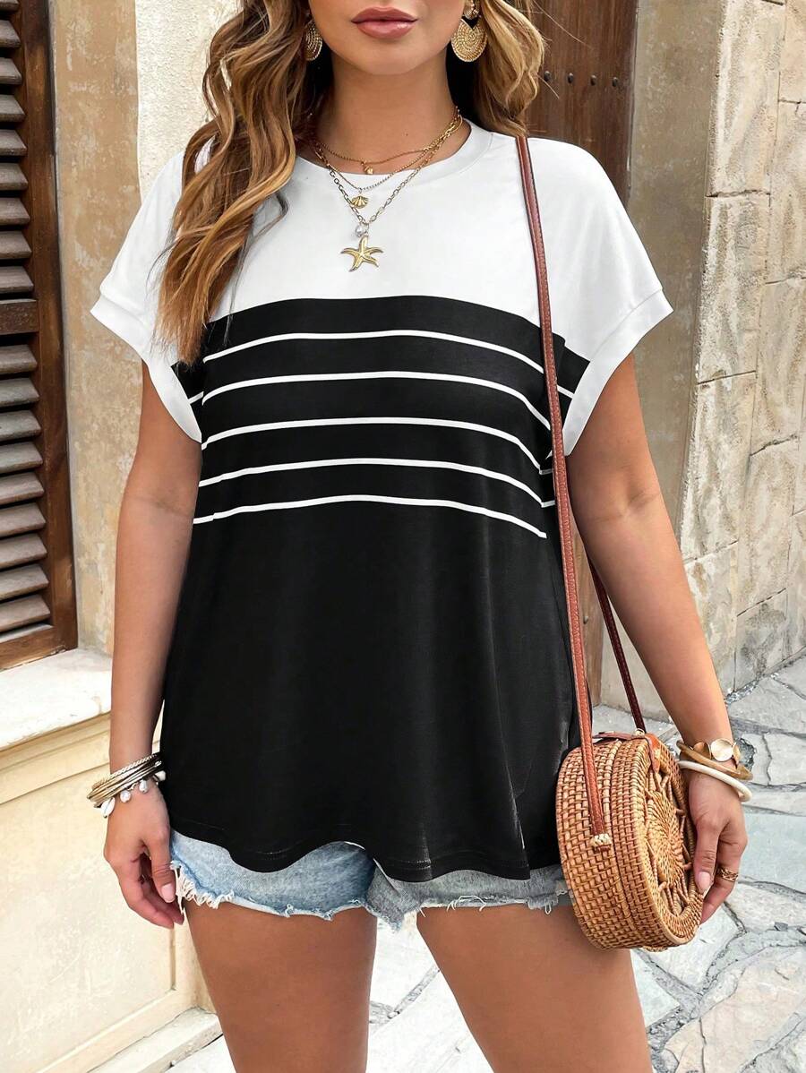 Franclia Plus Size Simple Black & White Striped Short Sleeve T-Shirt, Spring & Summer