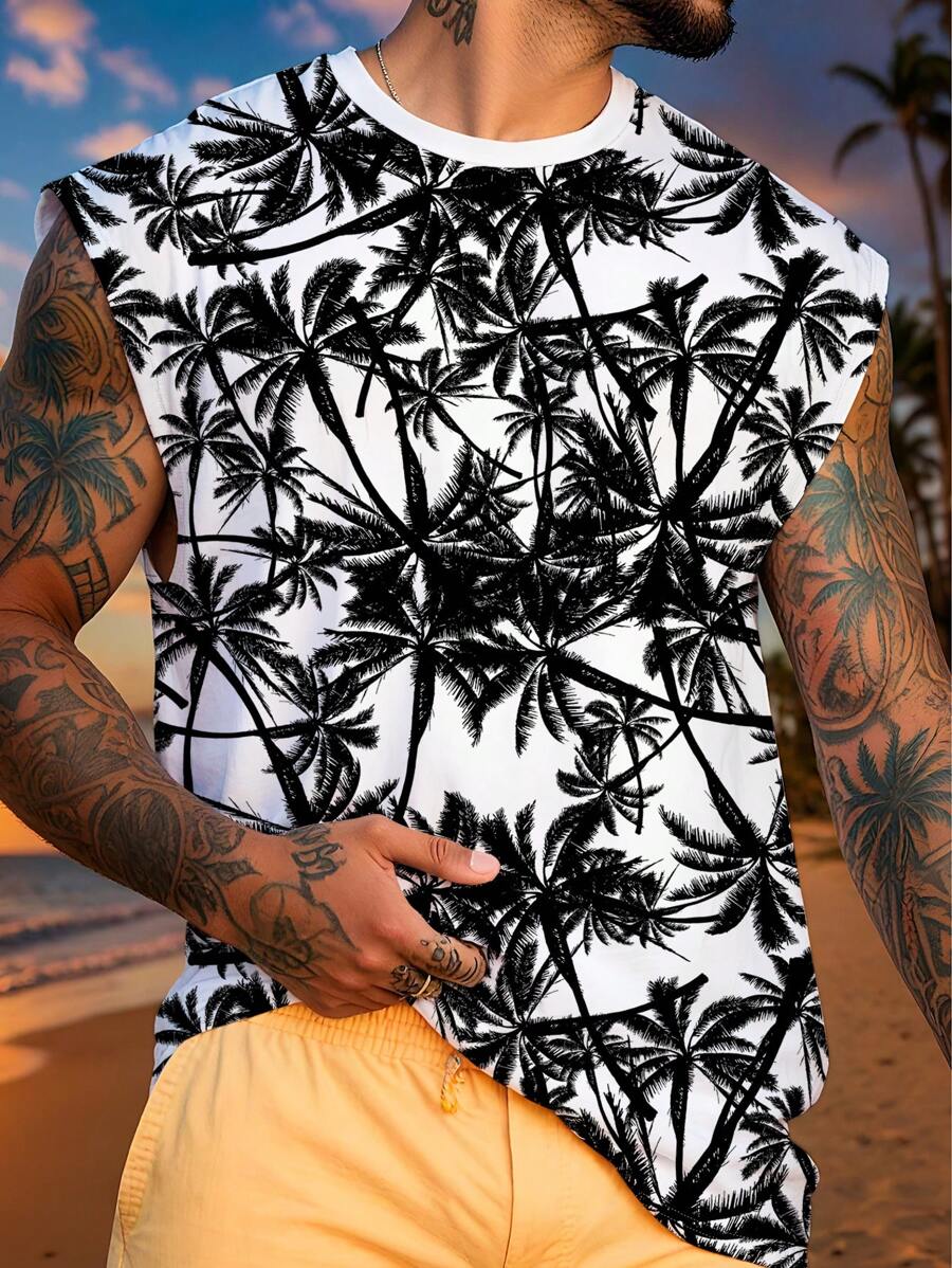 Manfinity Dauomo Camiseta de tirantes de cuello redondo para hombres con estampado botánico de borde crudo casual, adecuada para vacaciones