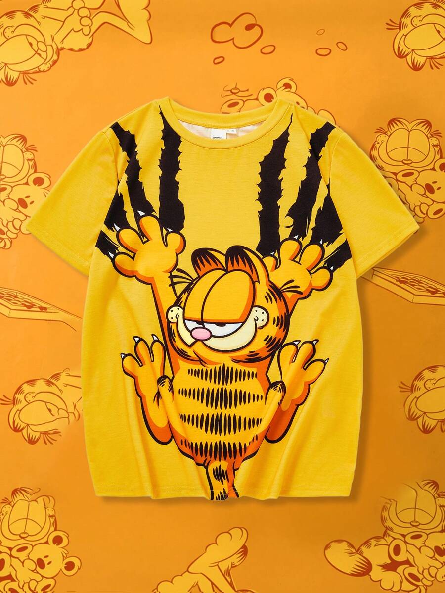 GARFIELD X SHEIN Maglietta a maniche corte con scollo rotondo, stampa a graffio di gatto per ragazzo adolescente