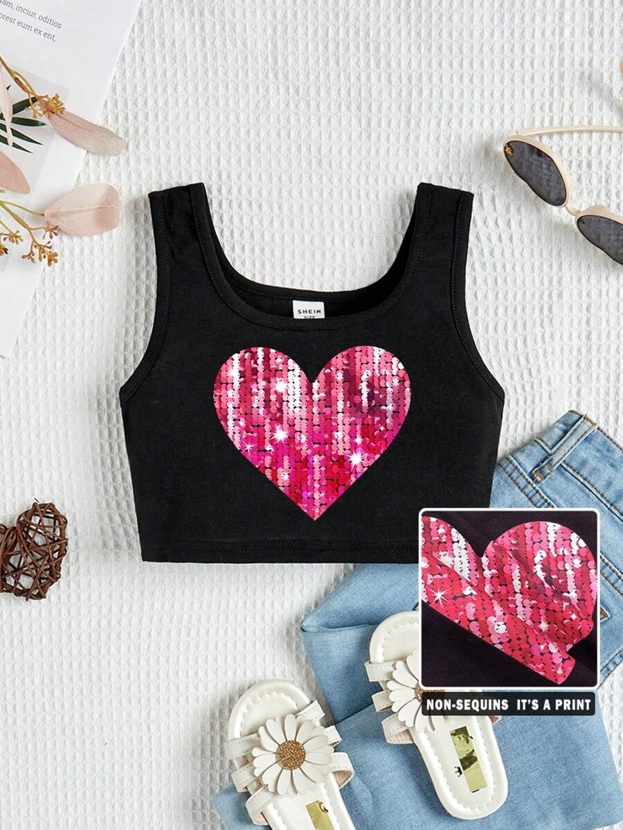 SHEIN Young Girl's Casual Simple Heart Pattern Sleeveless Tank Top With Round Neckline, Suitable For Summer Teen Girls Crop Topteen Girl Crop Topsblack Crop Top Young Girl