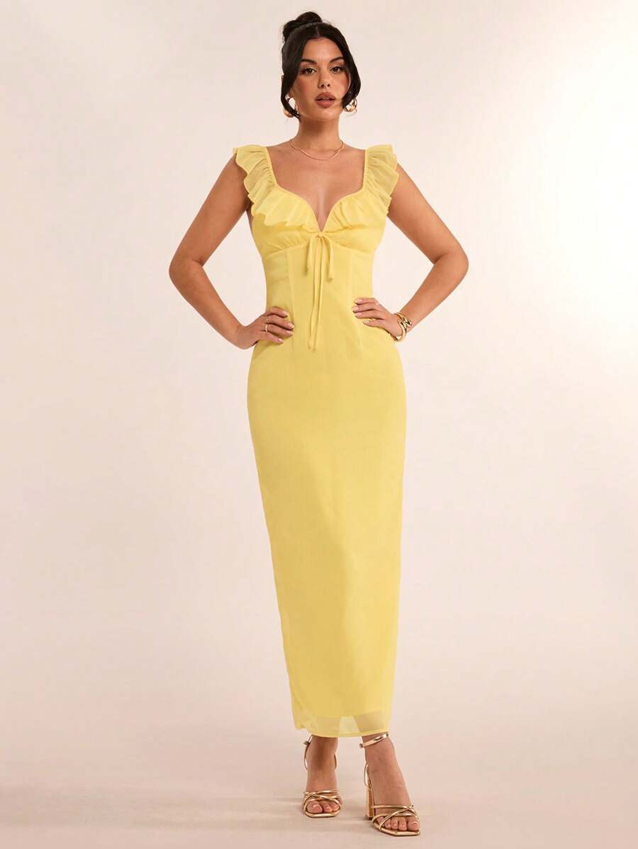 SHEIN BAE Spring Elegant Vacation Party Dress For Women, Solid Color Deep V-Neck Ruffle Trim Sexy Backless A-Line Midi Dress, Suitable For Romantic Dates, Outing With Friends, Vacation Activities, And Daily Elegant Occasions