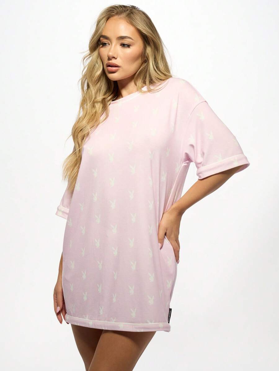 Missguided x Playboy Camisa de dormir con estampado de conejo, ropa de estar en casa de talla grande, pijama cómodo, parte superior de pijama suave y cálida, regalo de invierno y vacaciones