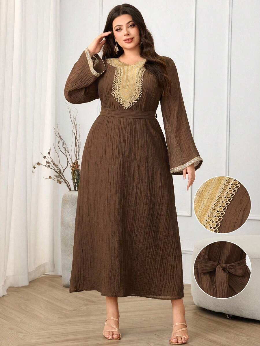 Al Najma Plus Size Women Solid Color Patchwork Długi Rękaw Prosta Swobodna Arabska Sukienka