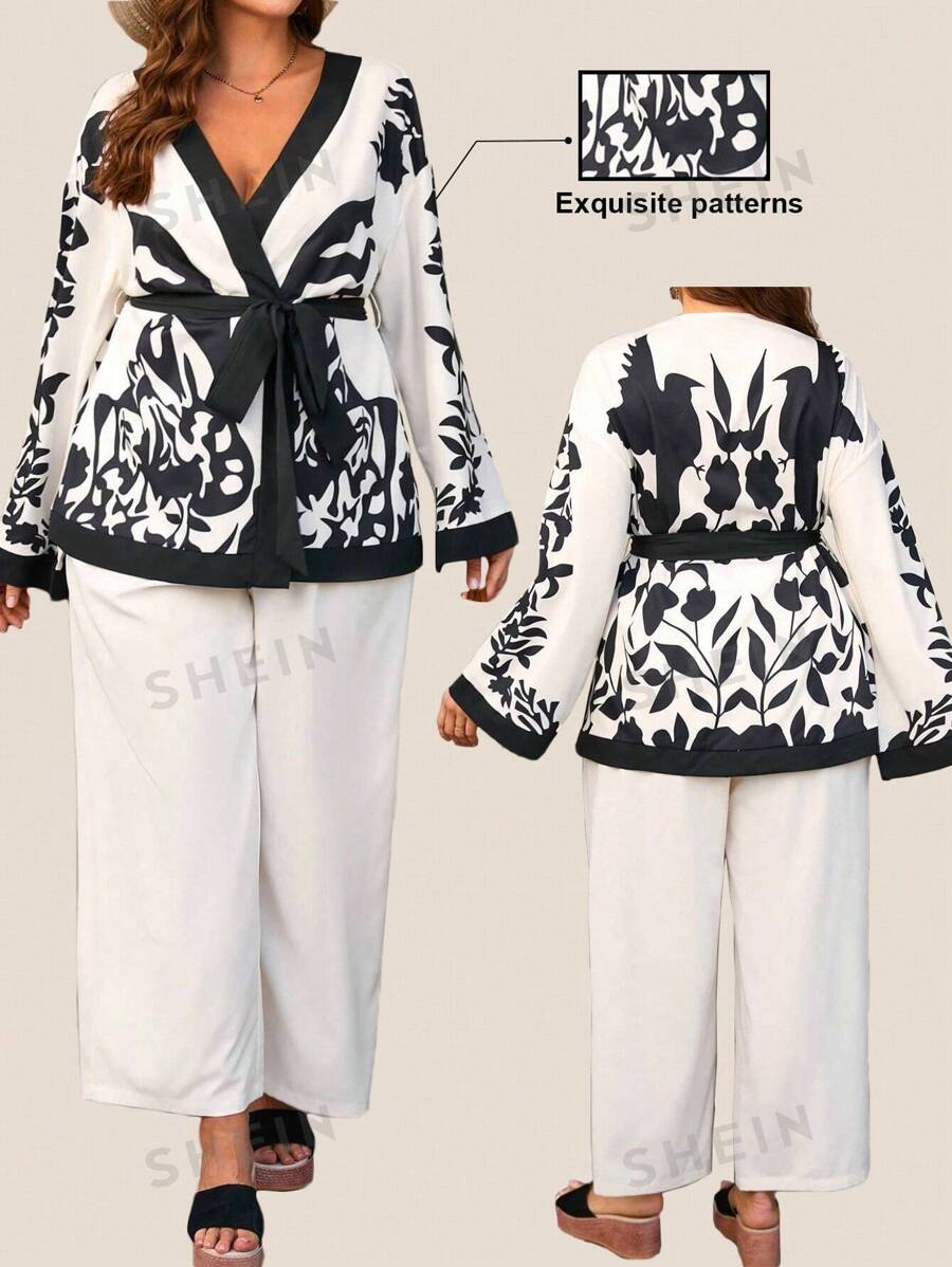 Breezaya Conjunto de 2 piezas de mujer de talla grande con cárdigan con estampado floral de color contrastante con nudo y pantalones rectos, elegante ropa de resort para primavera/verano