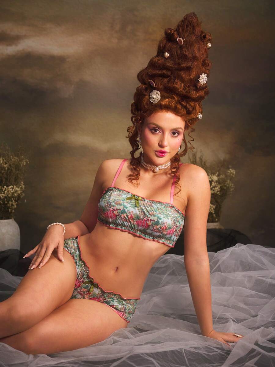 PinupGlam Retro Figured Thin Strap & Ruffled Trim Women Underwear Lingerie Set