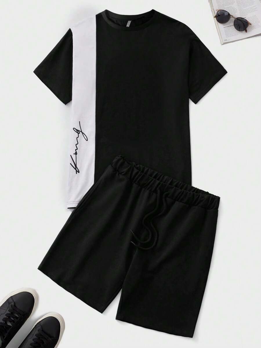RueChic Conjunto informal para hombre de camiseta de cuello redondo de unicolor con parches y pantalones cortos
