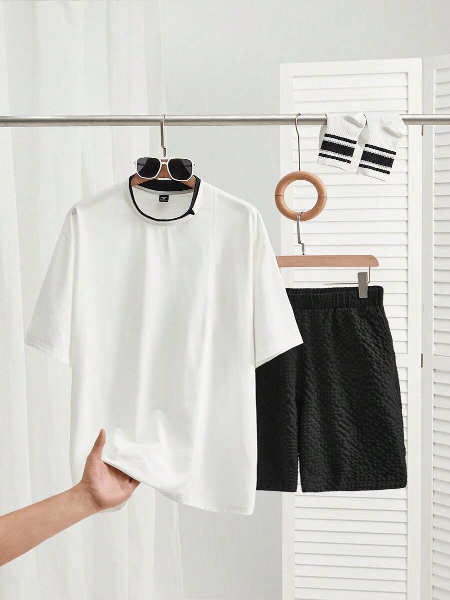 Manfinity VCAY Set de 2 piezas de camiseta de manga corta de punto y pantalón corto de cintura media recta de ajuste holgado y de doble capa con cuello alto, unisex, ideal para uso diario
