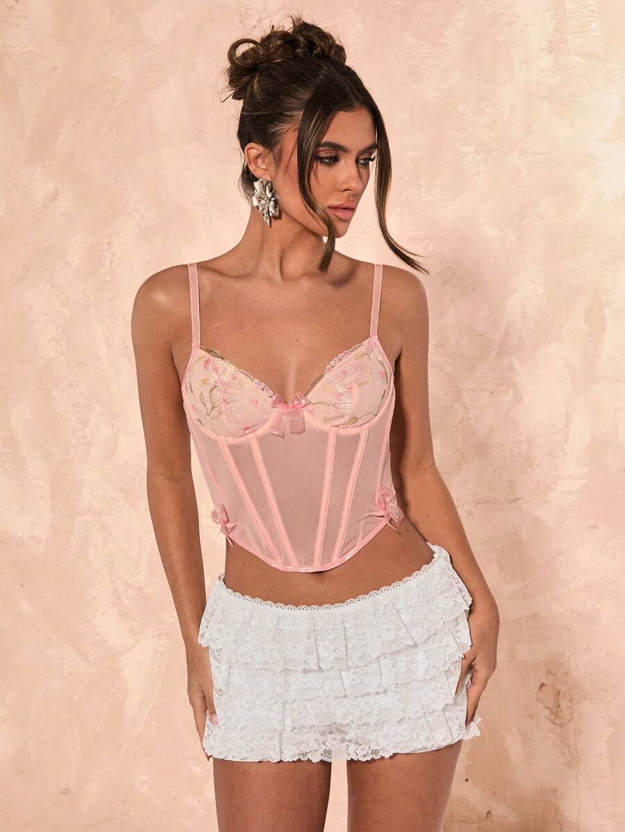 SHEIN BAE Top de camiseta de mujer elegante, con decoración de lazo, de malla transparente, con bordado floral. Adecuado para festivales de música, carnaval, conciertos, salir de fiesta, estilo bohemio, ropa de verano