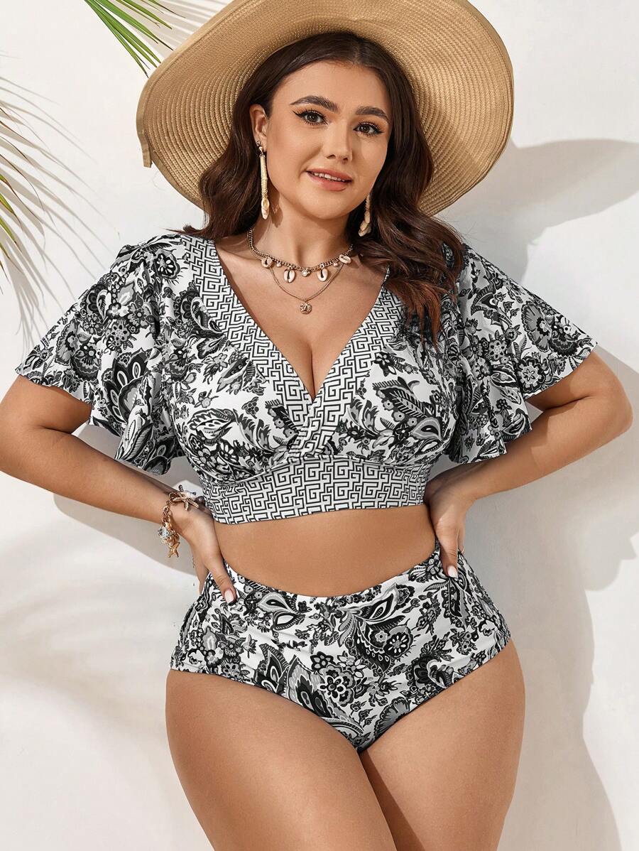 Swim Vcay Plus Size Women Two-Piece Short Sleeve Top And Shorts Bikini Set, Casual & Fashionable Everyday Wear, For Summer Beach Vacation