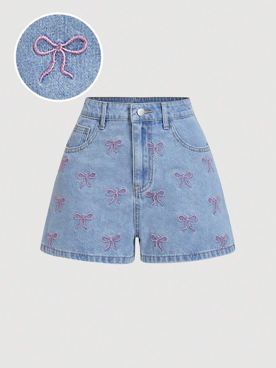 SHEIN MOD Women's Mid-Waist Super Short Denim Shorts With Bow Decor, Valentines Women Clothes, Denim Shorts With Bow, High Waisted Shorts