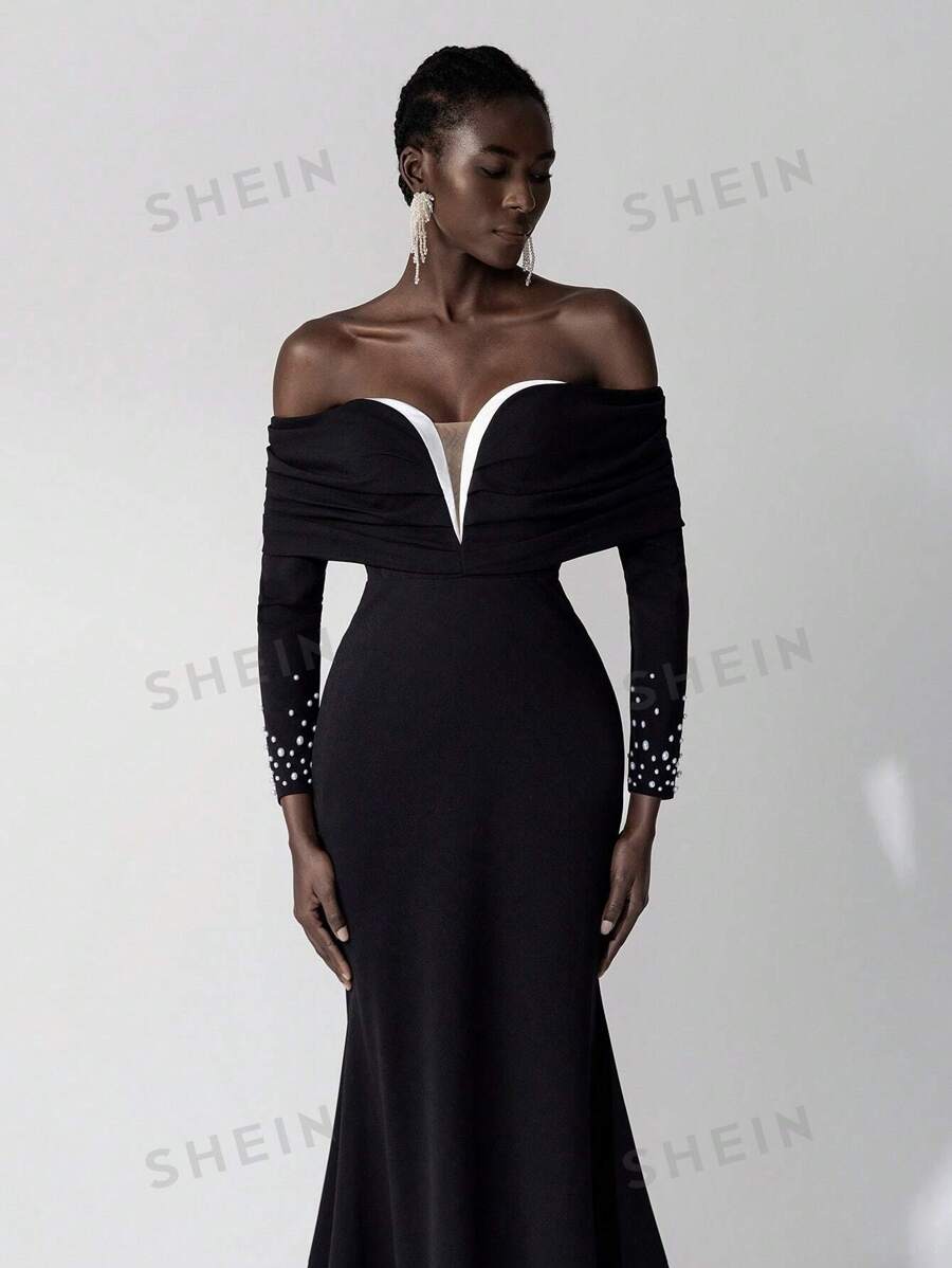 Elitara Elegante vestido de Body ceñido con volantes y escote en V, de manga larga, elástico, con cola de pez, adecuado para invitados de boda, fiestas de solteros, vacaciones, bailes, galas de noche, fiestas, vestido formal