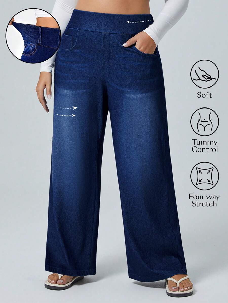 Flexra Jeans novio de pierna ancha de punto con alta elasticidad, talla grande