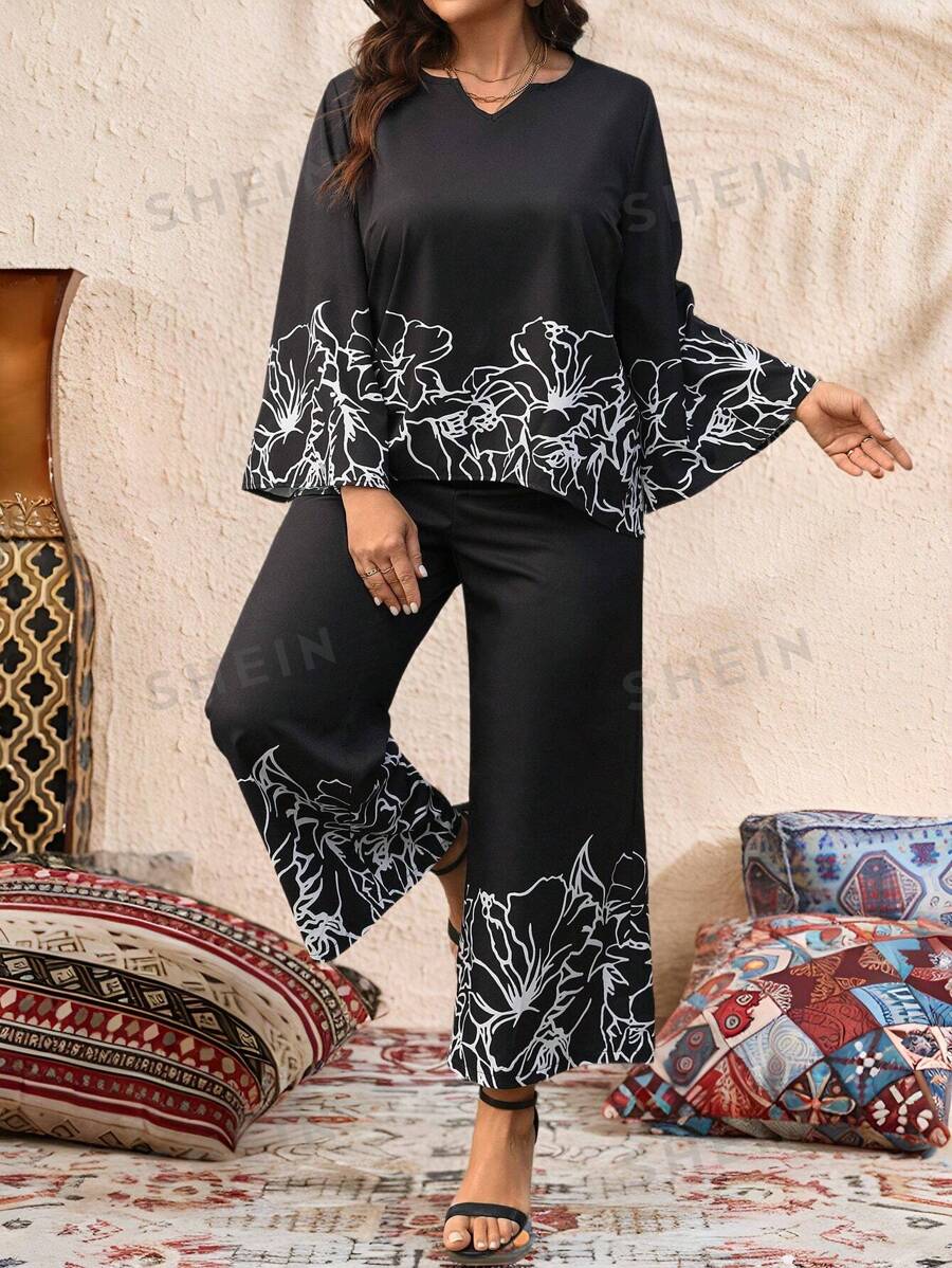 SHEIN LUNE Conjunto informal de 2 piezas con estampado floral, mangas con volantes, en talla grande, color burdeos