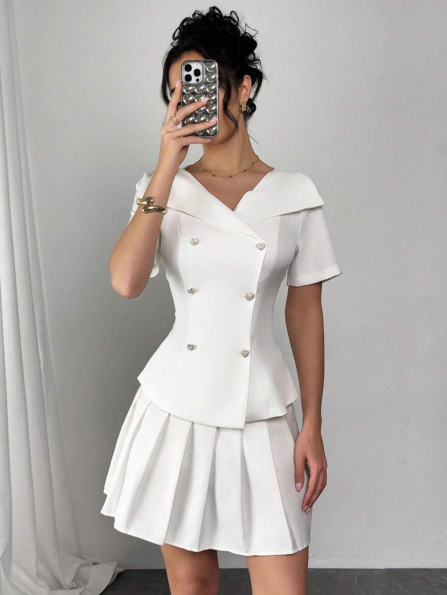 Calvaya Double-Row Crystal Heart Decor Thin Blazer