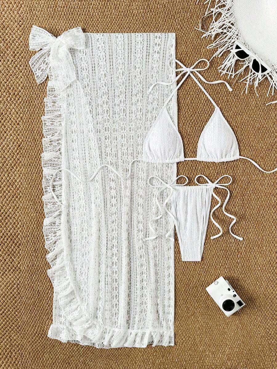 SHEIN Swim 3pcs Spring Break White Lace Triangle Halter Sexy Summer Beach Vacation Bikini Set Swimwear & Skirt, For Women