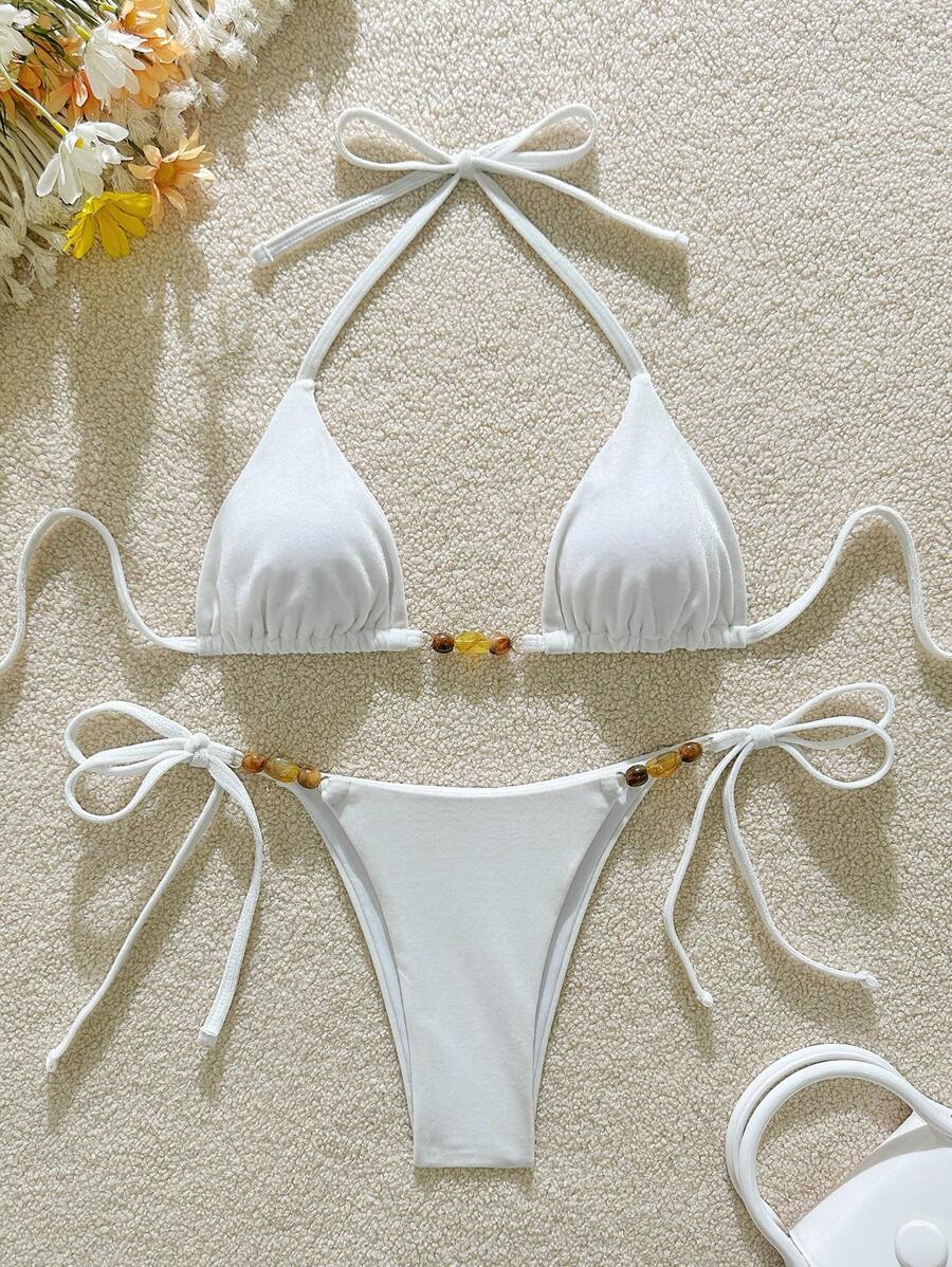 SHEIN Swim Wiosenna przerwa Kobiety Nowy aksamitny Halter Neck Tie-Up Bikini 2 częściowy zestaw Bikini Set Letni strój plażowy