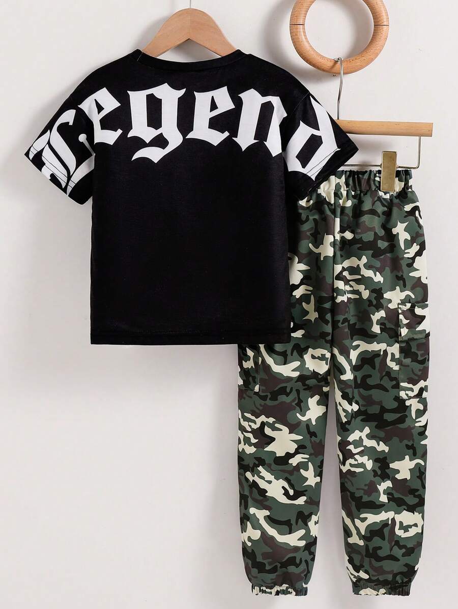 2pcs/Set Young Boy Round Neck Short Sleeve Letter Print Simple Top And Long Pants Outfit