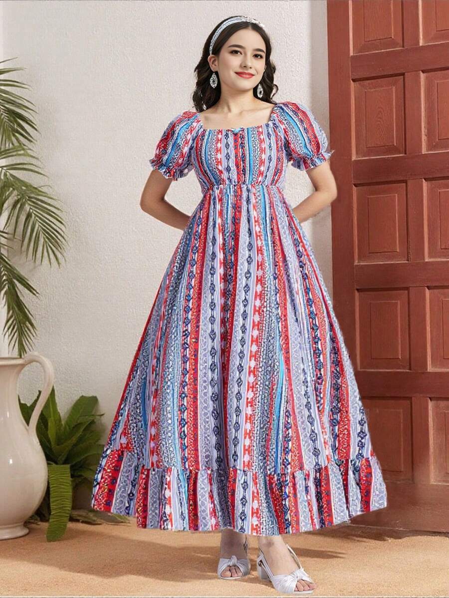 SHEIN Teen Girls Square Neck Puff Sleeve Print Long Dress