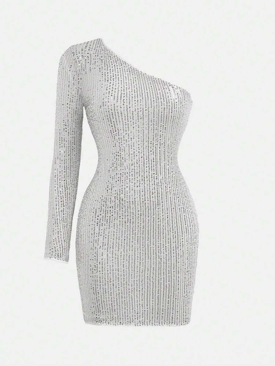 Teen Girls' Solid Color Mesh Sequin Decor Long Sleeve Snug Fit Mini Dress