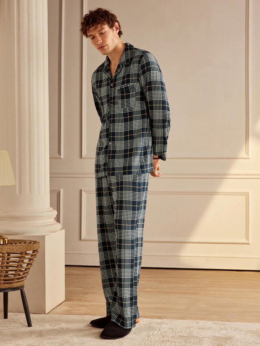 SHEIN EverLounge 2pcs Men's Plaid Single-Breasted Shirt And Pants Casual Pajama Set