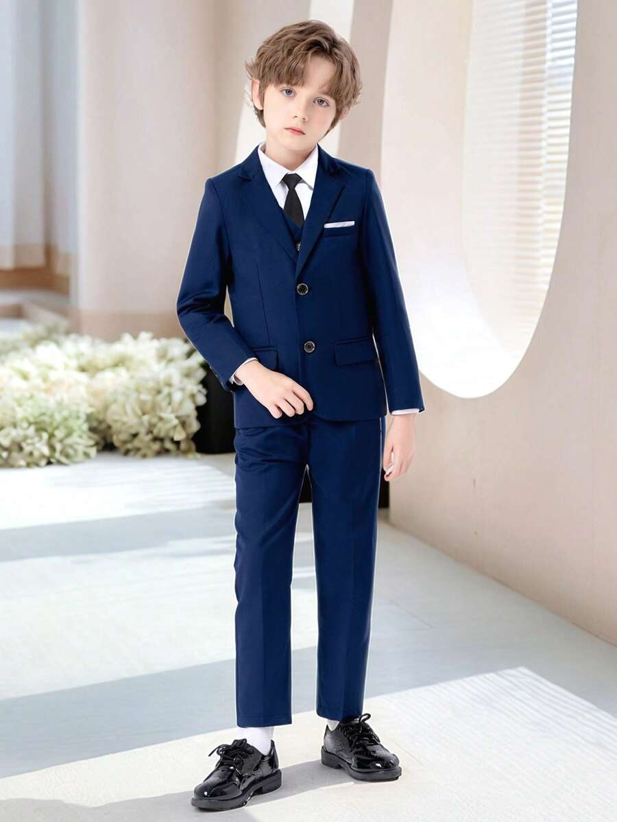 SHEIN Conjunto de 5 piezas de traje de alta gama para niños jóvenes: chaqueta + chaleco + pantalones + camisa + corbata, apto para cumpleaños, boda, invitado de boda, pajecito, niño de las argollas