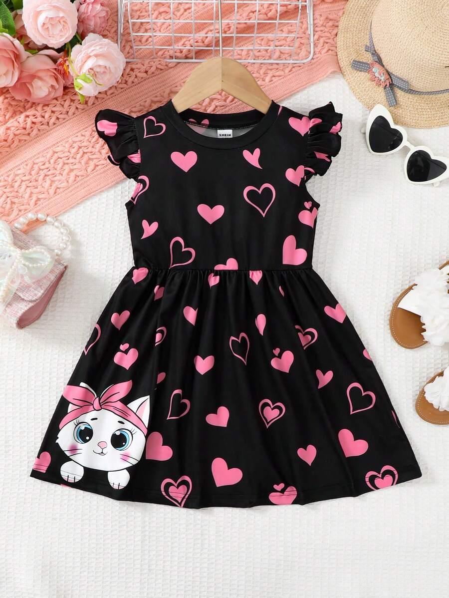 SHEIN Robe mini décontractée avec imprimé chat mignon et manches courtes, pour le printemps/été