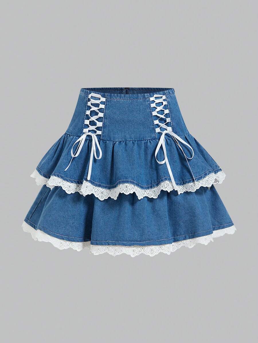 SHEIN MOD Women's Denim Skirt With Waist Tie, Ruffle Hem, Short Style