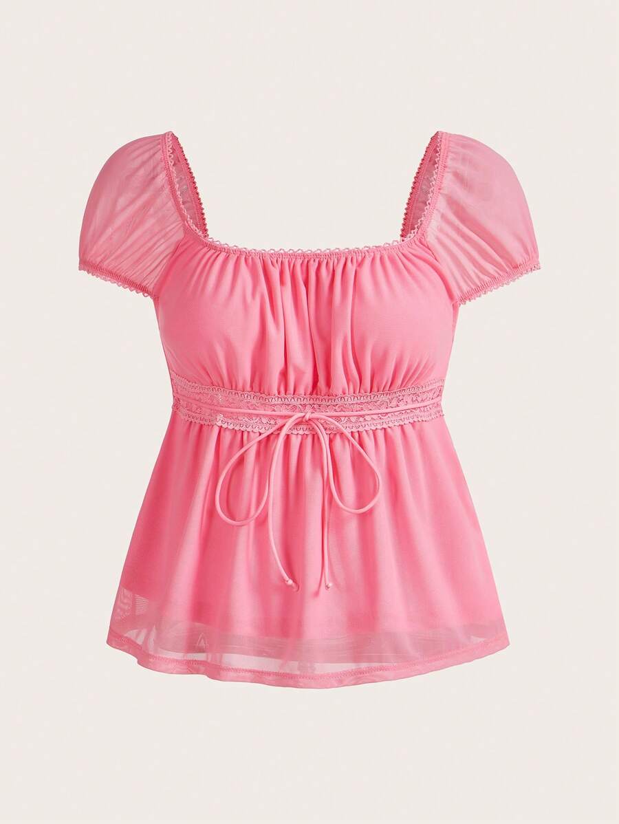 SHEIN MOD Sommerliches quadratisches Ausschnitt-T-Shirt mit Knoten-Vorderseite, Rüsche, rosa Schleife und Seil
