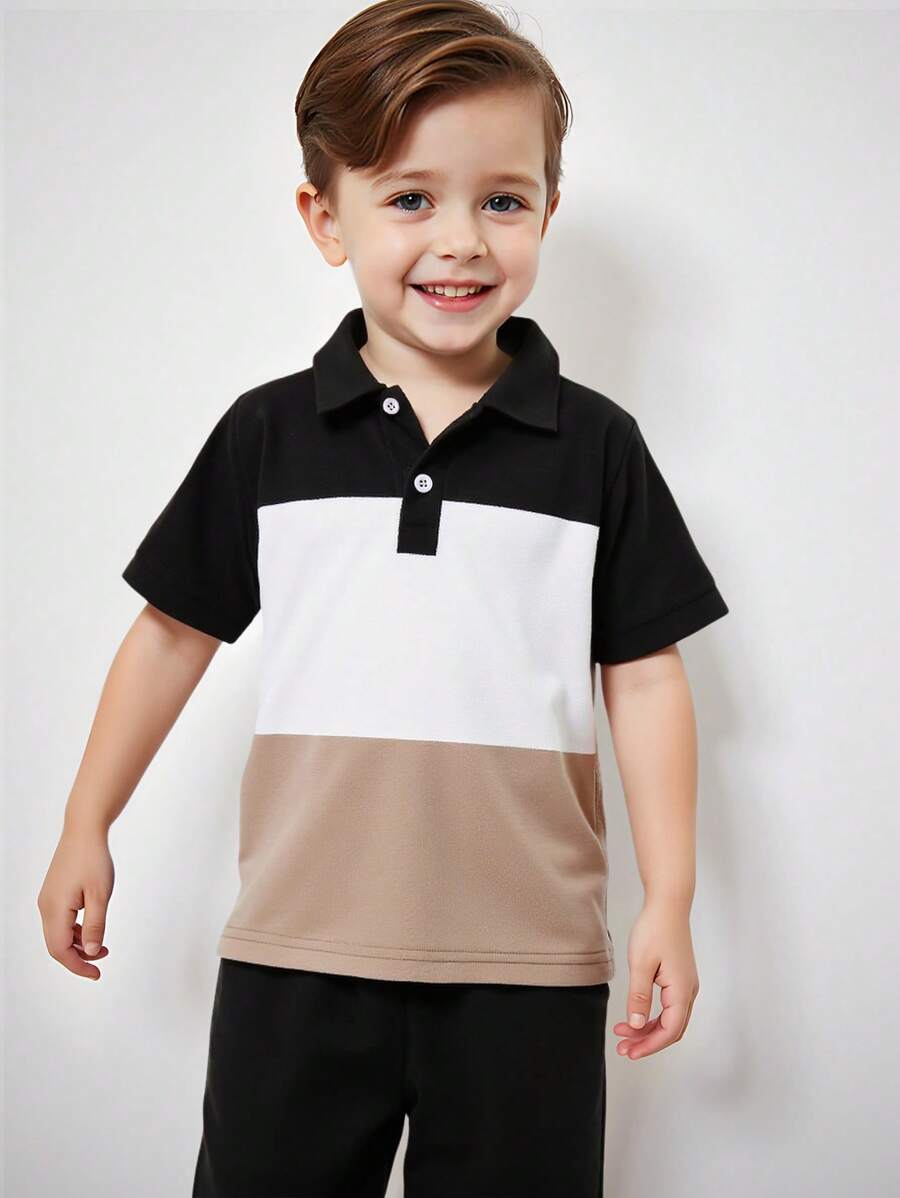 Toddler Boys Colorblock Polo Collar Half-Button Short Sleeve Top Polo Shirt And Shorts Set, Fashionable Casual Outfit Suitable For Spring/Summer Outings, School Or Daily Wear