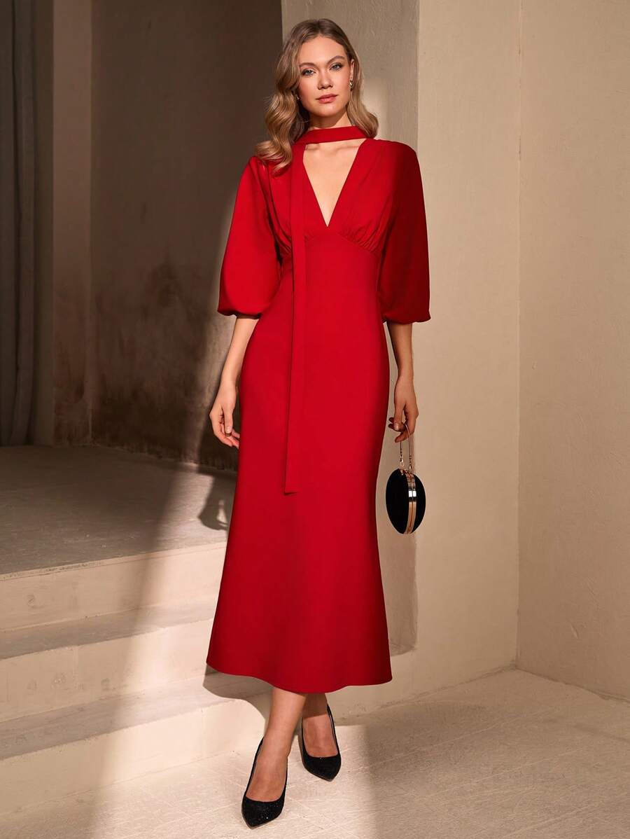 CLARA VERO Vestido de manga larga con detalle de chal de unicolor para mujer