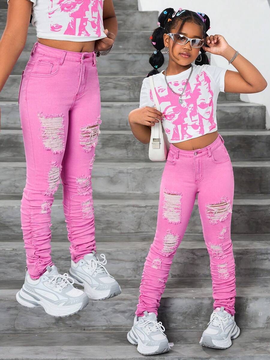 SHEIN Leggings de mezclilla rosa ajustados y rasgados de longitud hasta el tobillo con efecto amontonado, para niñas preadolescentes - Conjunto de ropa para primavera, verano, vacaciones y festivales