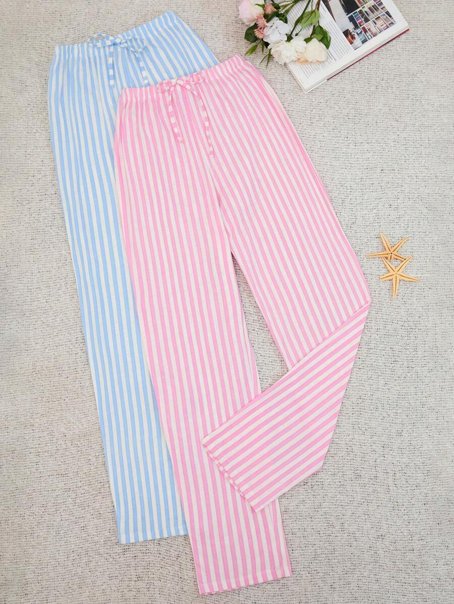 RueChic Cotton Women 2 Packs Contrast Colour Striped Pattern With Fake Drawstring Detail Homewear Lounge Set
