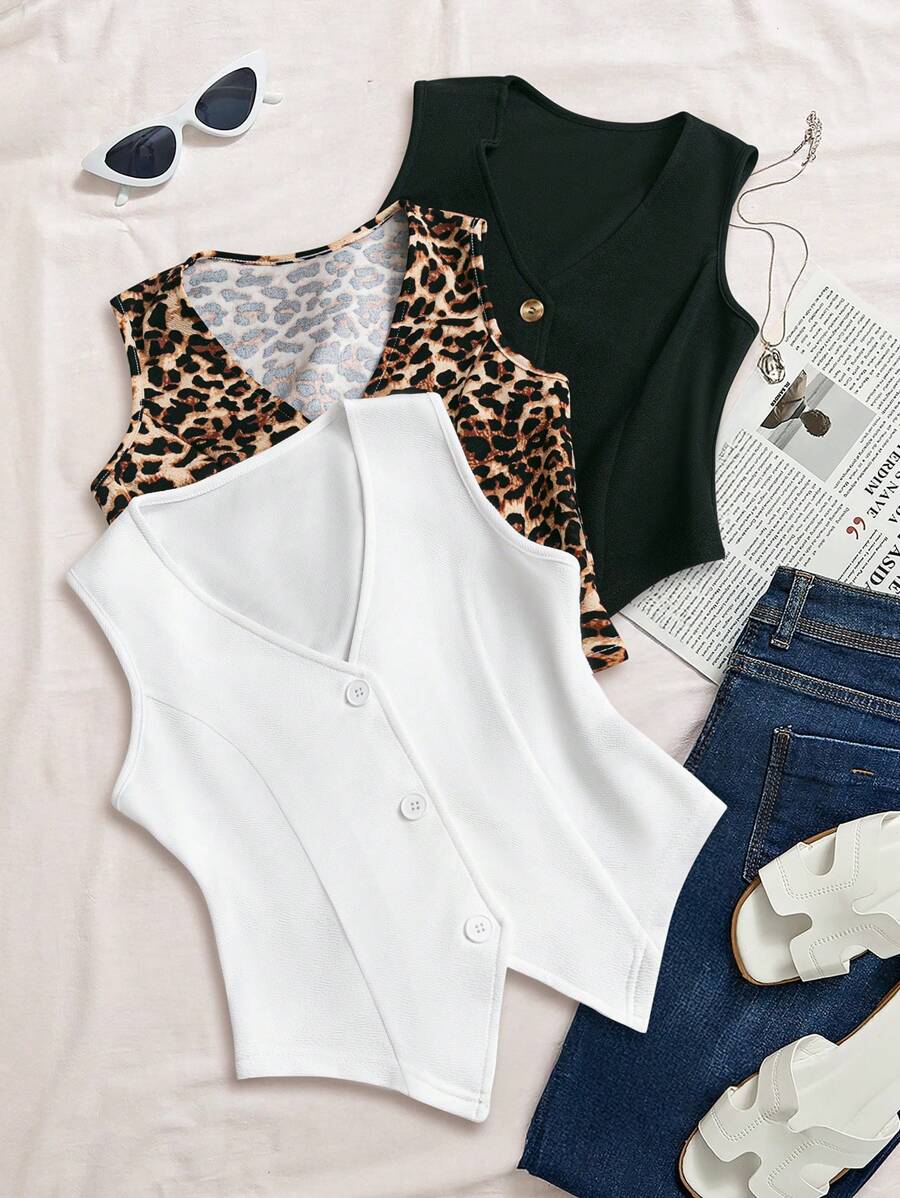 SHEIN LUNE Spring Break Tops 3pcs Set Women Leopard Print, Black And White Vest Tops