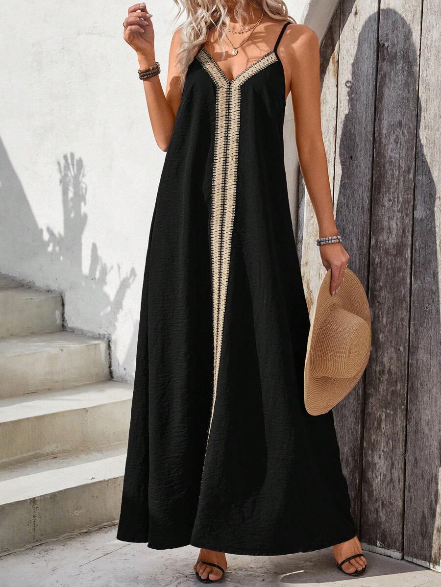 Breezaya Solid Color Spaghetti Strap V-Neck Ribbon Splice Casual Holiday Dress For Women