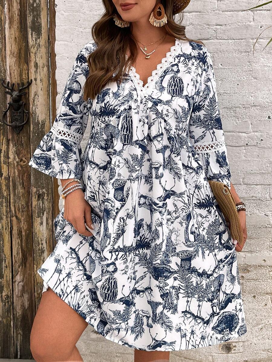 SHEIN VCAY Plus Size Women Vacation Lace Patchwork Floral Print Dress Boho Dresses For Women Casual Dresses For Woman,Vacation Outfits Women,Vintage,