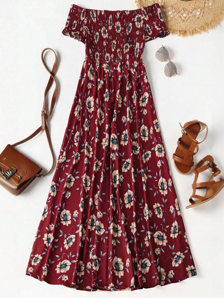 Breezaya Vestito corto elegante da donna taglie forti, con spalle scoperte, con motivo floreale, adatto per vacanze ed uso quotidiano, in primavera ed estate, a maniche corte