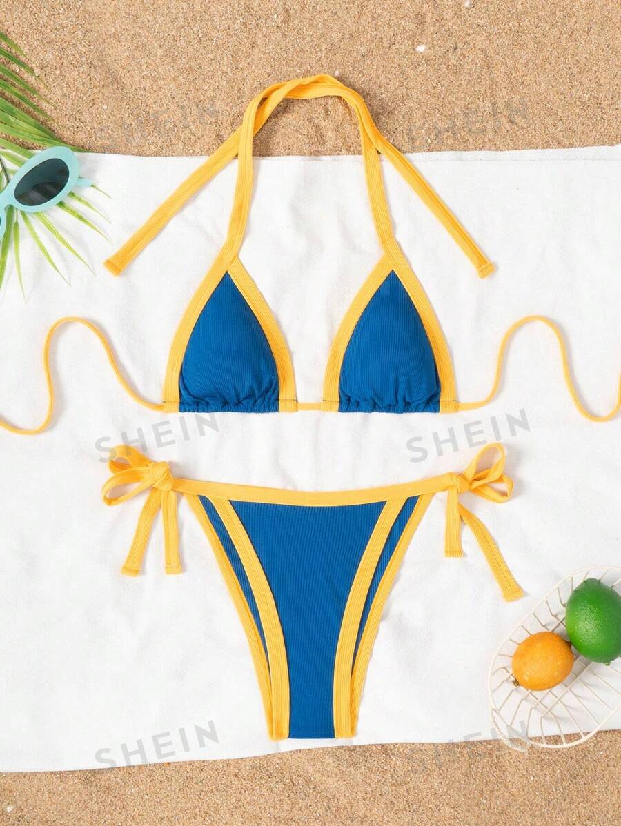 Conjunto de bikini deportivo de 2 piezas con cuello de corbata de contraste para mujer, para verano y vacaciones en la playa