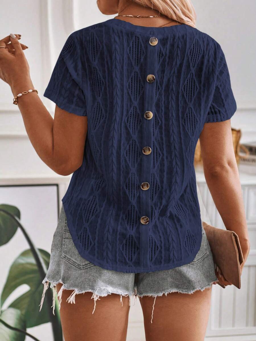 INAWLY Plus Size Round Neck Raglan Shirt With Rhombus Pattern Jacquard Fabric Back Button Closure T-Shirt