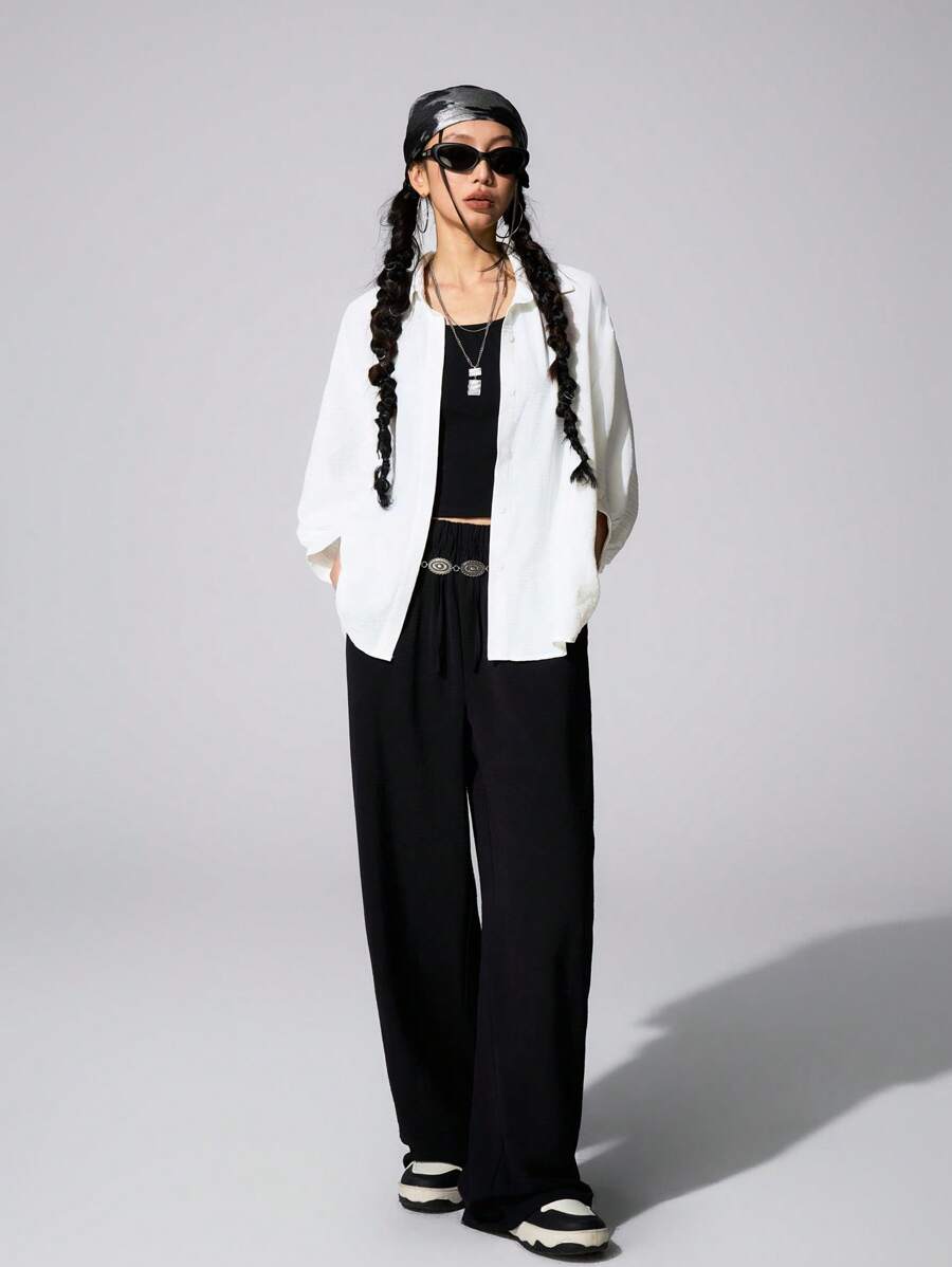SHEIN Tween Girls Spring White/Black Blouses&Vest& Wide Leg Sweatpants Sets,3pcs