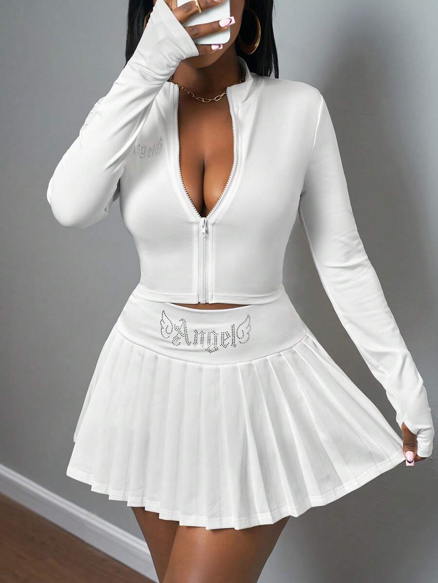 Slaydiva Casual Street Style White Short Sleeve Zipper V-Neck Top & Pleated Tennis Skirt Set, Women's 2pcs Set