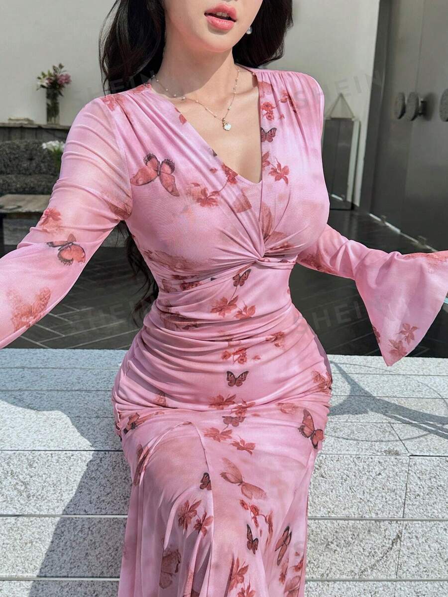 Modelyn Vestido con estampado, manga abullonada y dobladillo en forma de cola de pez