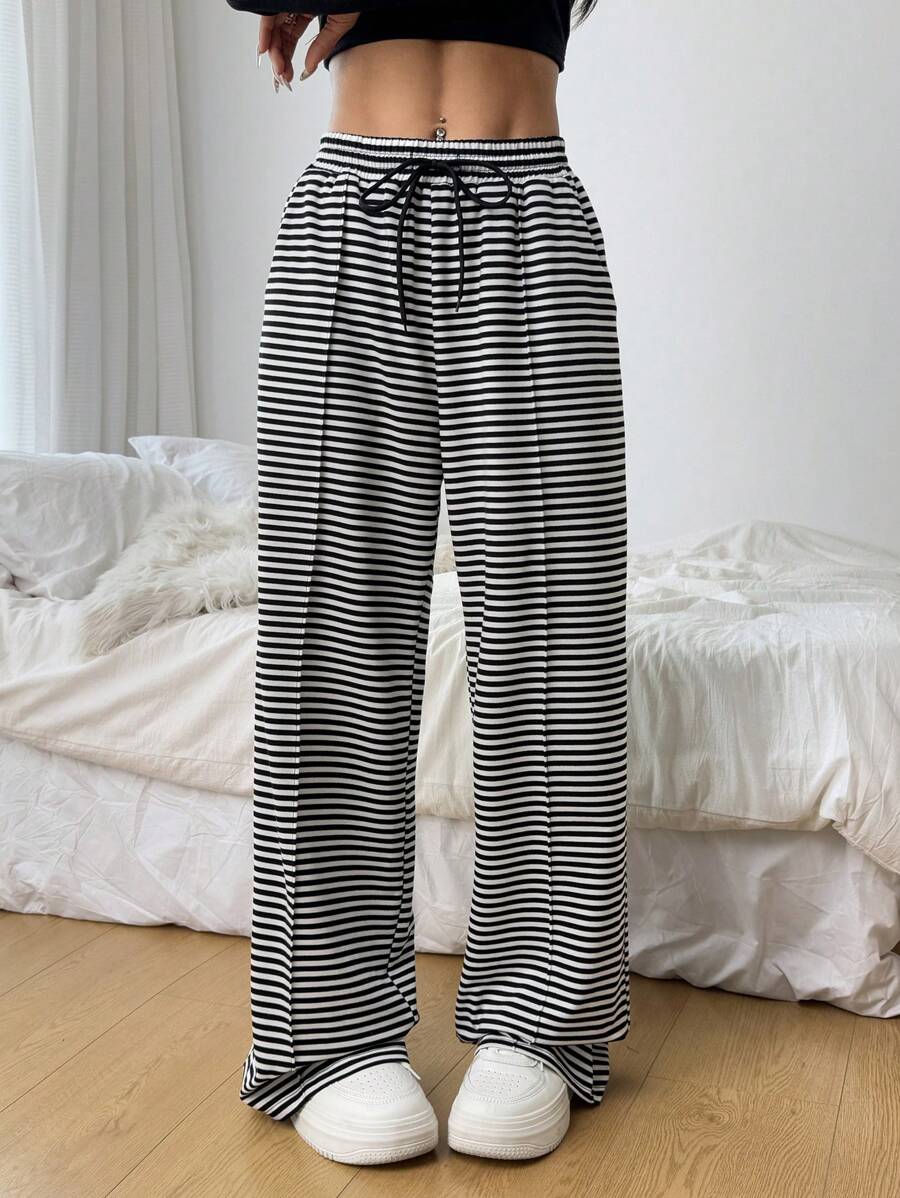 SHEIN EZwear Vrouwen Strik Taille Gestreepte Wijde Pijpen Casual Joggingbroek