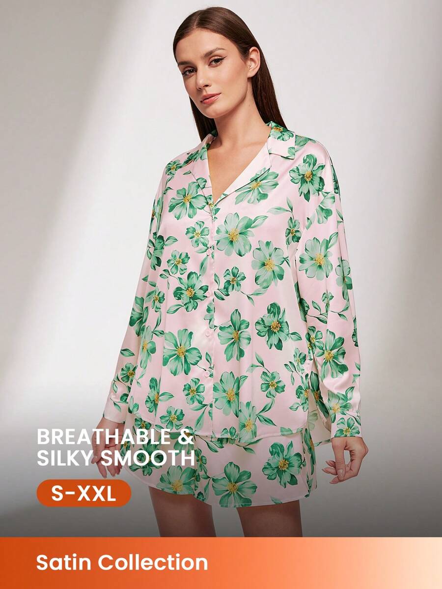 LUVLETTE Silky Satin Green Floral Print Button-Up Top & Shorts Loungewear Airy Women Pajama Set Pants With Pockets Lounge Sets For Women Lingerie