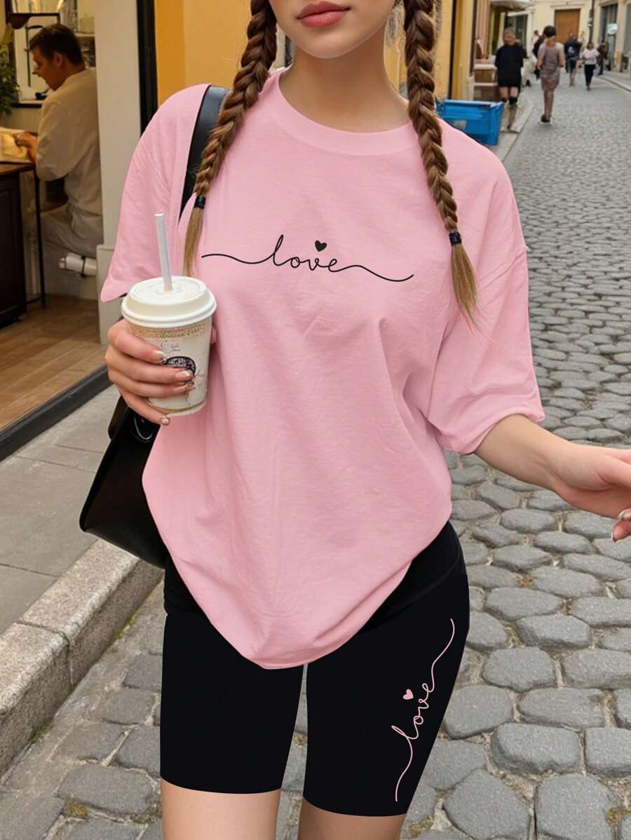 SHEIN Set da 2 pezzi per ragazze adolescenti: top a maniche corte, collo tondo, casual con scritta "LOVE" a mano e motivo a cuore, adatto per l'estate